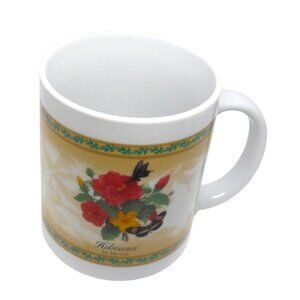 Hibiscus-Themed Ceramic Coffee Tea Mug 10 oz White Yellow Red Floral Design Vint